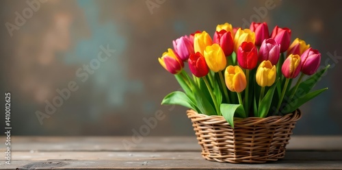 Obraz na płótnie Colorful tulip arrangement in a woven basket on wood , still life, tulip w salonie
