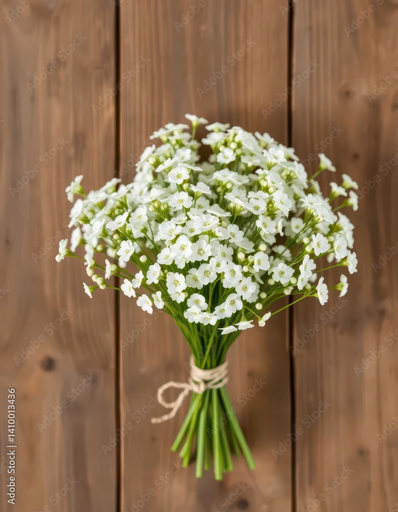 Delicate white gypsophila bouquet, twine-tied, on rustic wooden dowel, craft, stem, bridal