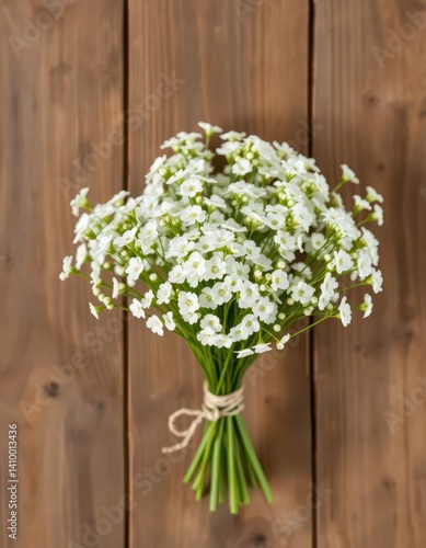 Obraz na płótnie Delicate white gypsophila bouquet, twine-tied, on rustic wooden dowel, craft, stem, bridal w salonie