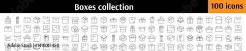 Boxes Line Icon Pack. Broken Boxes, Container, Parcel, Giftbox Outline Signs for Graphic and Web Design, Apps, Adverts, Various Cards