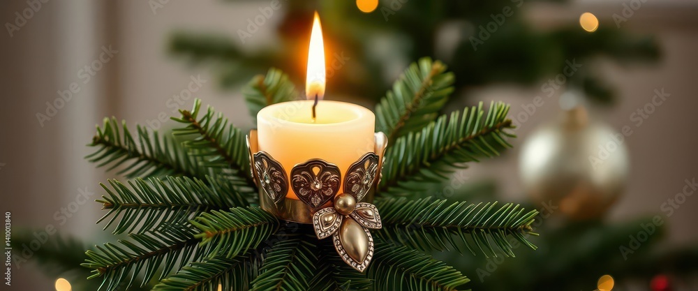 Elegant candle clip secures a flickering candle atop a lush evergreen Christmas tree branch, evergreen, silver, clip