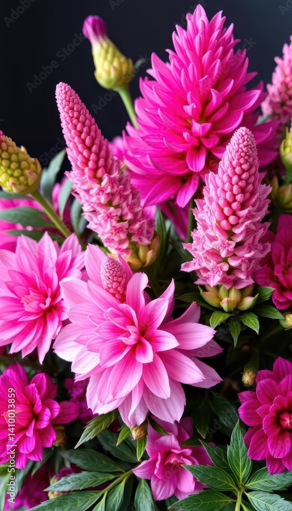 Elegant pink & purple celosia flower arrangement, lush botanical design, flowers, botanical