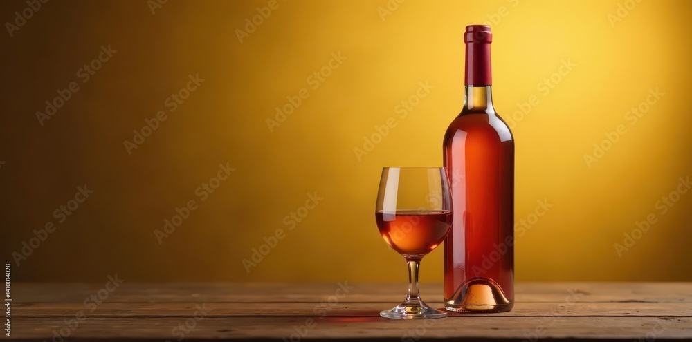 Elegant wine bottle, gold backdrop, wood table, texture, background