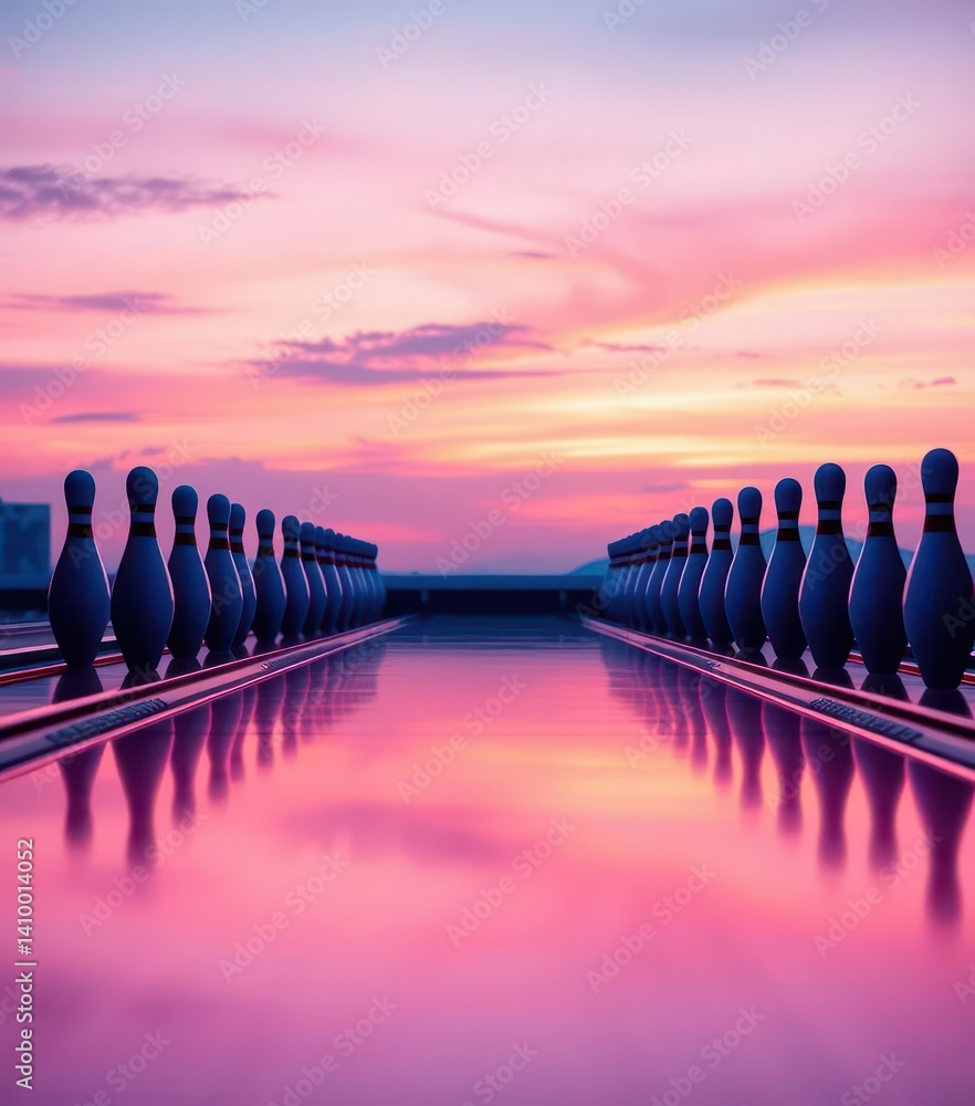 Endless row of bowling pins stretching to a distant horizon, background, bowling pins