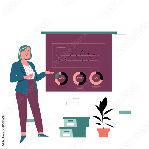 Businesswoman Presenting Data: A confident businesswoman stands beside a presentation board showcasing insightful charts and graphs, illustrating key performance indicators and data analysis.