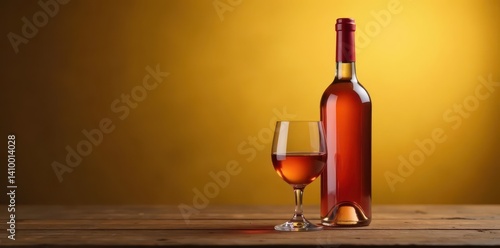 Obraz na płótnie Elegant wine bottle, gold backdrop, wood table, texture, background w salonie
