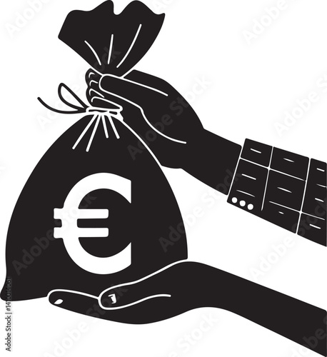 Money Bag Exchange: An illustration captures the exchange of wealth, as a hand holding a money bag bearing the euro symbol passes it to another hand.