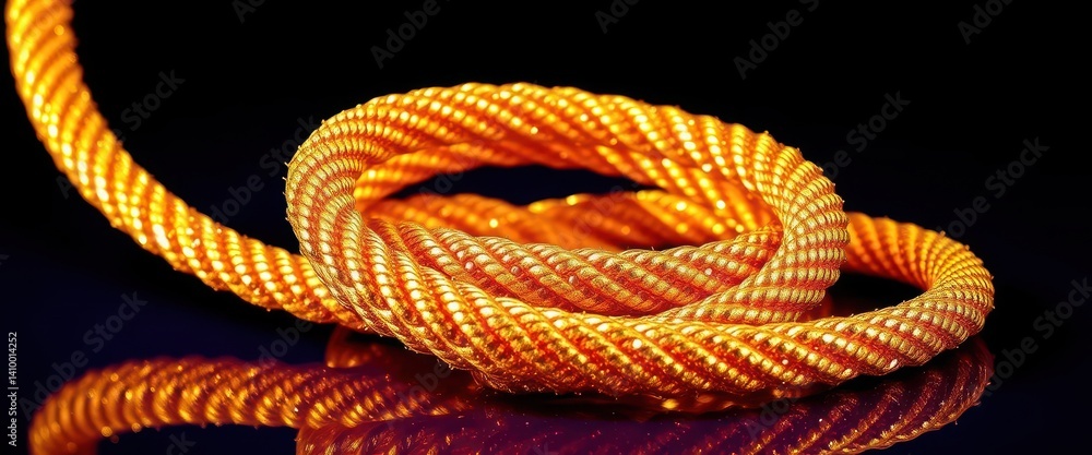 Gleaming gold rope, tightly coiled, luxurious texture, treasure, luxury, sun
