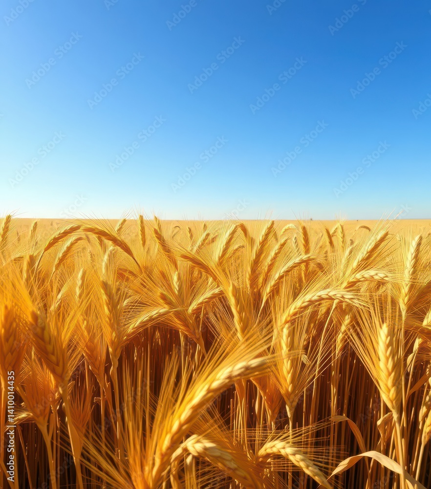 Golden wheat field under a vast blue sky, gently swaying in the breeze, nature, agricultural abundance, golden wheat field