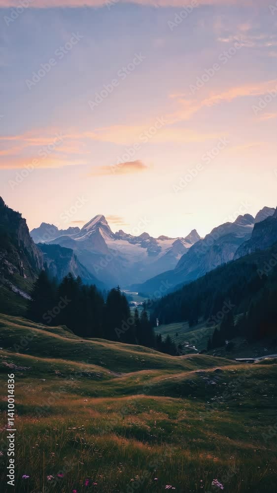 Idyllic alpine valley at dusk with snow-capped mountain peaks and wildflower meadow in the foreground under pink and purple sky Idyllic alpine valley at dusk with snow-capped mountain peaks and wildflower meadow in the foreground under pink and purple sky