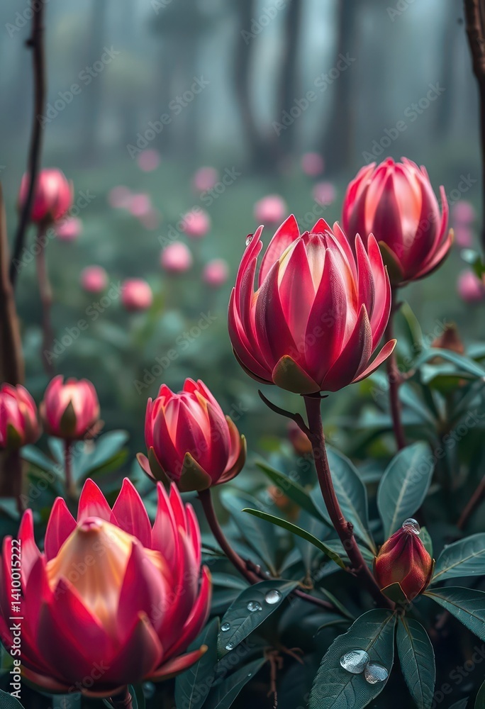 Misty forest, vibrant pink protea blooms, glistening dew drops, blossom, nature