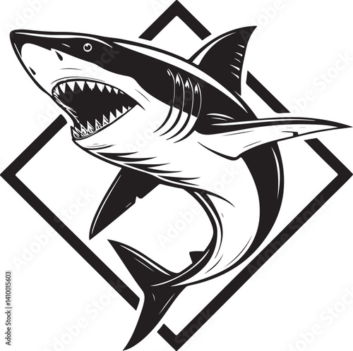 Powerful Shark Silhouette: A fierce, dynamic black and white image of a great white shark, rendered in bold lines, leaping aggressively within a geometric frame.