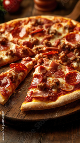 A hearty meat lovers pizza cut into pieces and served on a plate, ready to be enjoyed