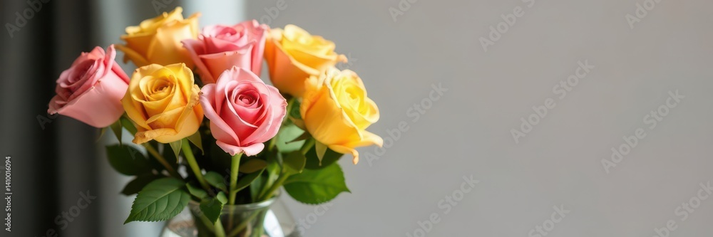 Pink and yellow roses, elegant vase arrangement, arrangement, soft, fresh