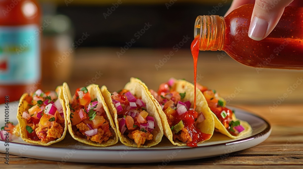 A person drizzling hot sauce over tacos on a wooden table