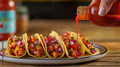 Obraz na płótnie A person drizzling hot sauce over tacos on a wooden table w salonie