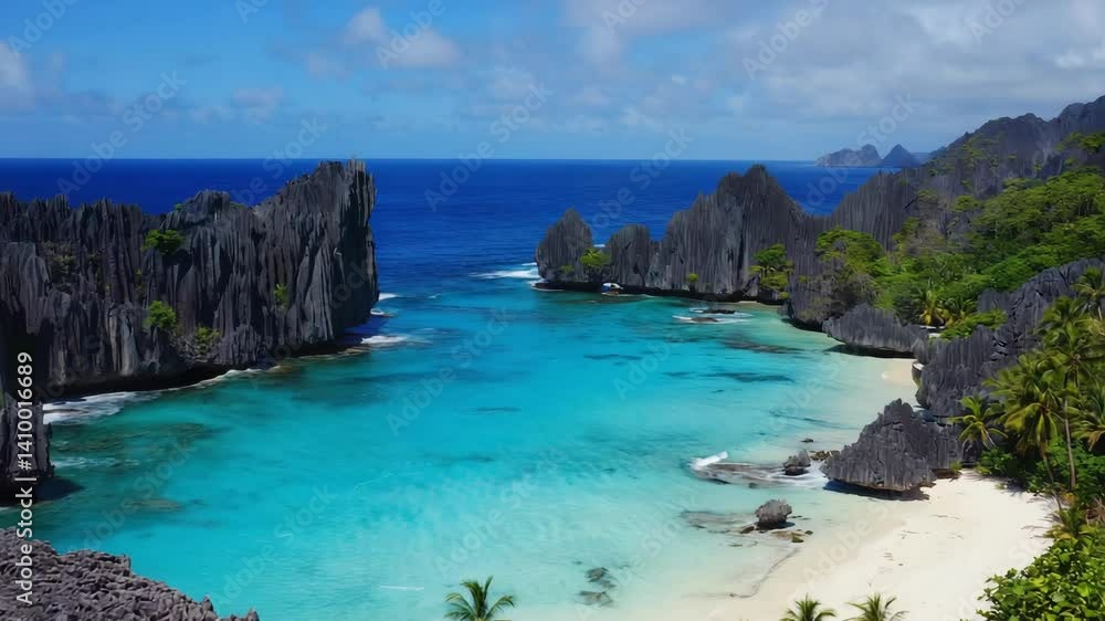Secluded tropical beach cove featuring turquoise water, white sand, jagged rock formations, and lush vegetation under a partly cloudy sky. Secluded tropical beach cove featuring turquoise water, white sand, jagged rock formations, and lush vegetation under a partly cloudy sky.