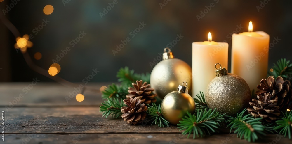 Silver & gold baubles with pillar candles, pine cones, silver, luxury