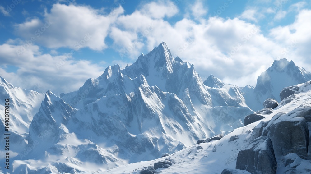 Obraz premium A view of a towering mountain with sharp, rugged peaks covered in fresh snow. 
