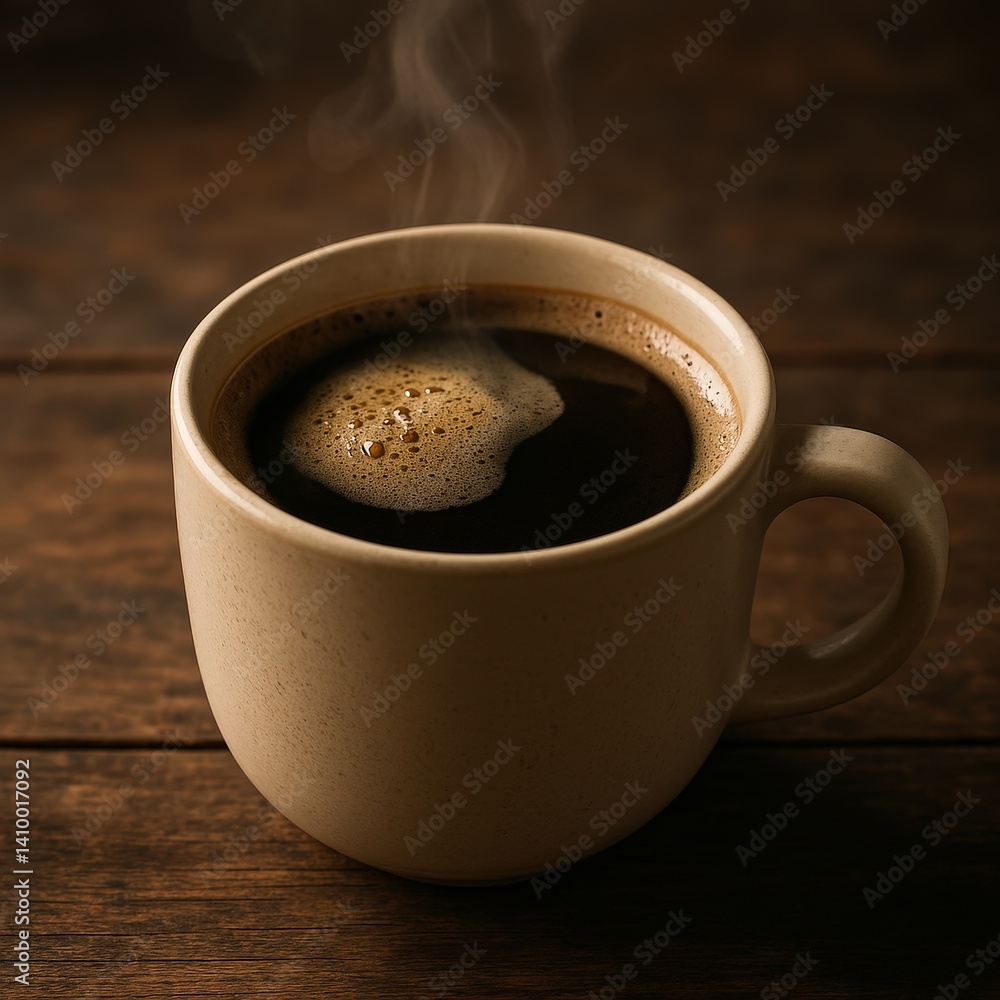 Warm Ceramic Mug of Coffee with Rising Steam on Wooden Table Capturing Cozy and Relaxed Atmosphere Warm Ceramic Mug of Coffee with Rising Steam on Wooden Table Capturing Cozy and Relaxed Atmosphere