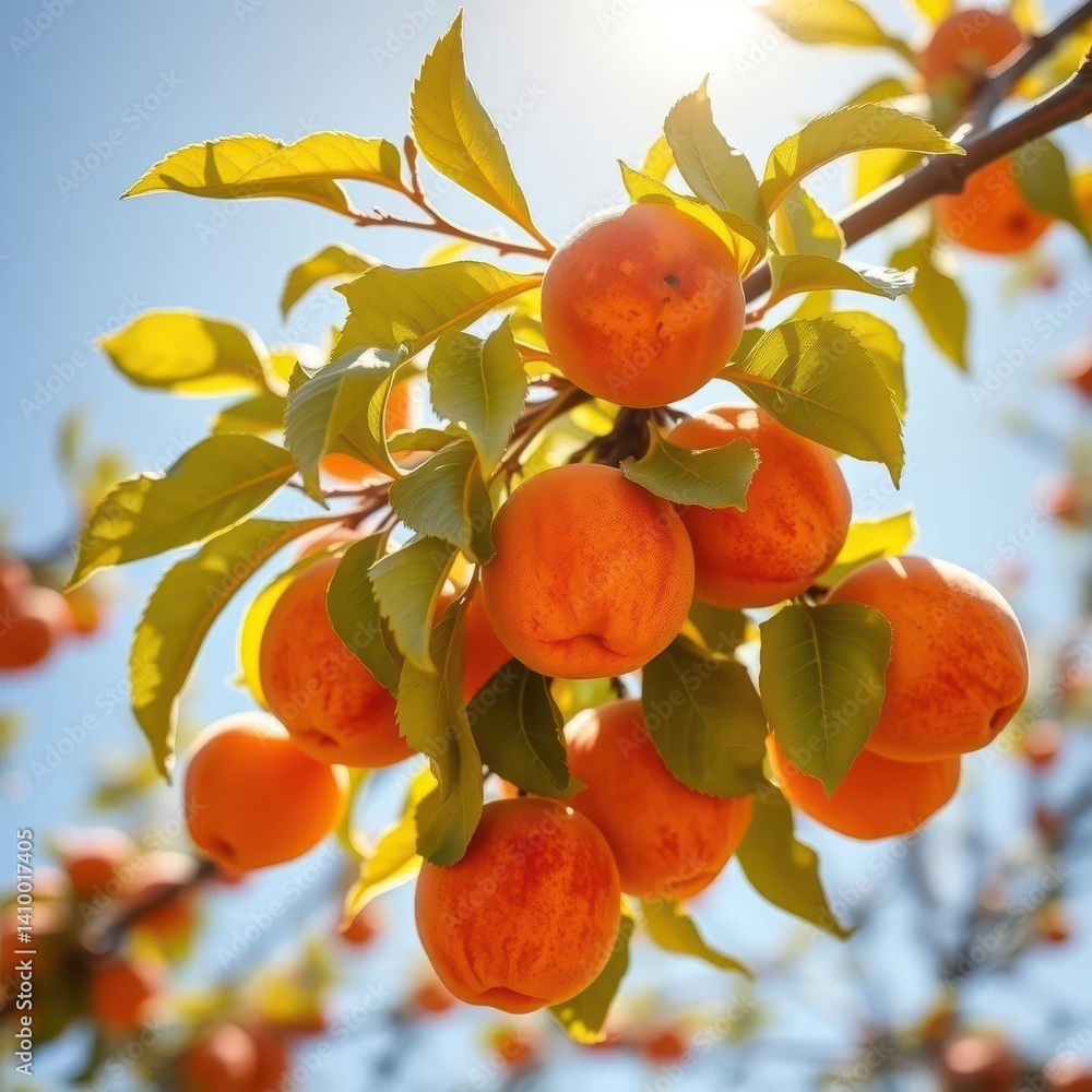 Sun-drenched branch laden with plump, orange apricots, still life, botany