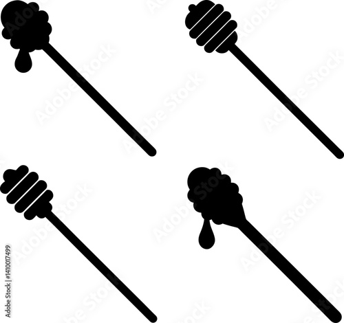 Honey dipper stick art vectors and Set of black honey stick icon silhouette collections