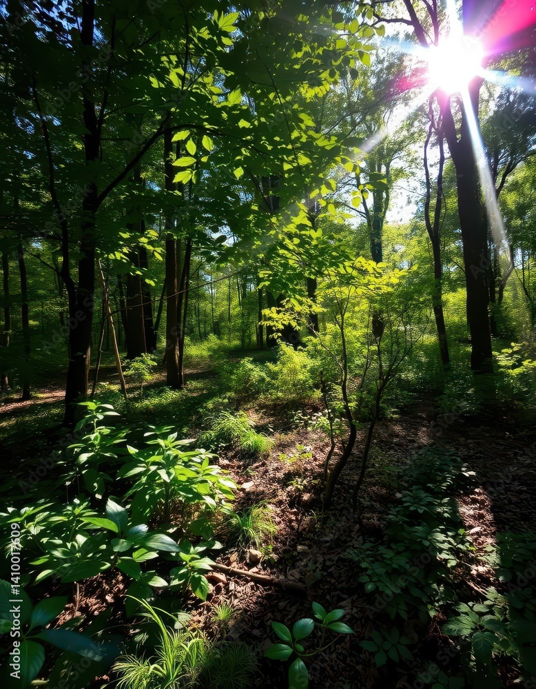 Sunlight dappled forest floor, blueberry bush shadows, summer, green, scene