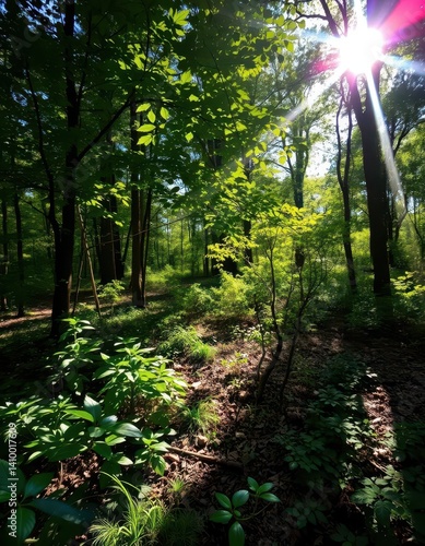Obraz na płótnie Sunlight dappled forest floor, blueberry bush shadows, summer, green, scene w salonie