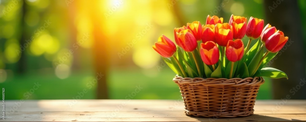 Sunlit tulips in wicker basket, wooden tabletop , flora, home