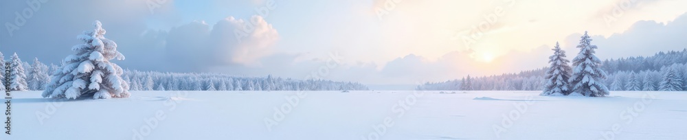 Untouched snow blankets a serene landscape, distant trees stand silent , winter wonderland, Winter, quiet