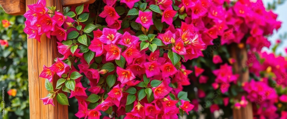 Vibrant bougainvillea blossoms entwined on rustic wooden trellis, twist, wood