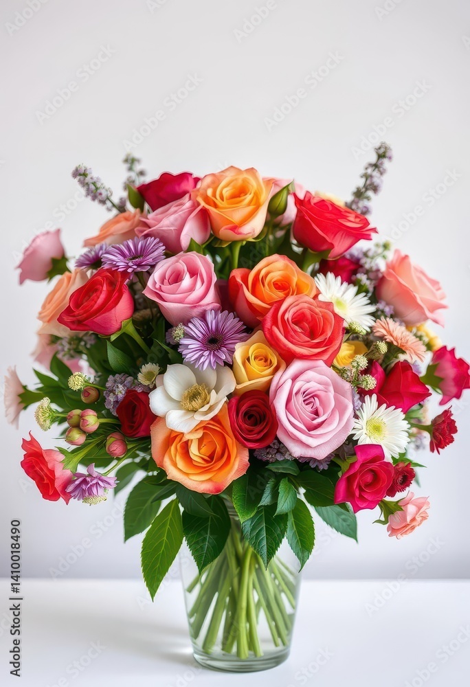 Vibrant bouquet of roses and assorted blooms in a vase, purple, roses