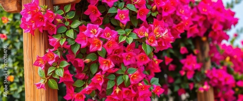 Obraz na płótnie Vibrant bougainvillea blossoms entwined on rustic wooden trellis, twist, wood w salonie