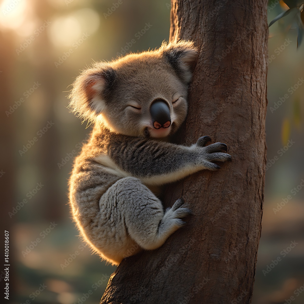 Fototapeta premium Sleepy koala clinging to tree trunk