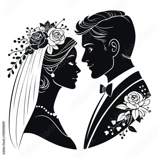 Eternal Promise: A romantic silhouette captures a moment of timeless love, a bride and groom sharing an intimate gaze, surrounded by delicate floral elements. 