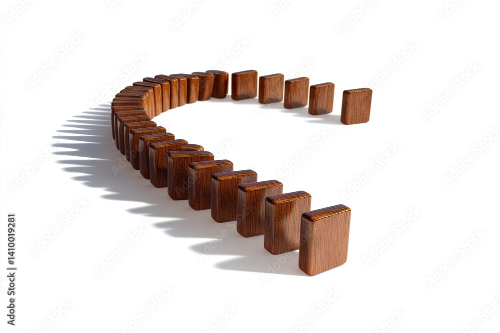Curved row of polished wooden dominoes, almost forming a circle, casts a shadow on a white background Curved row of polished wooden dominoes, almost forming a circle, casts a shadow on a white background