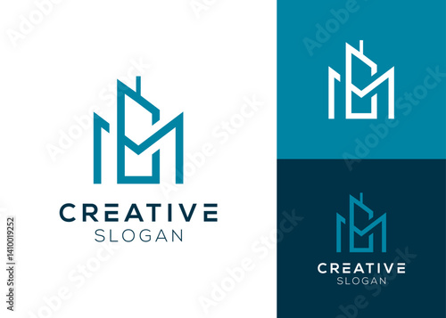 Initials CM or MC with building logo design for architecture, real estate or residence