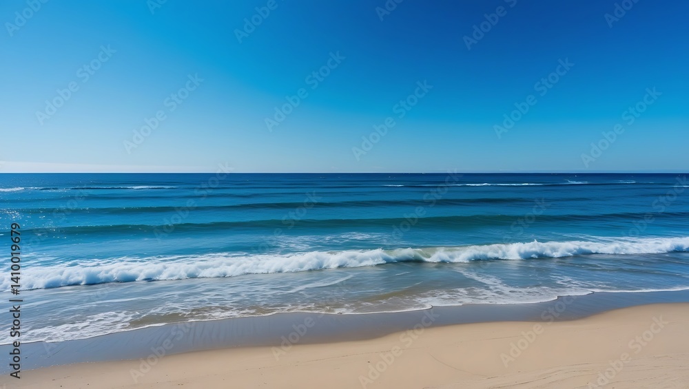 Calm beach landscape showcasing waves and a clear, sunny blue sky Calm beach landscape showcasing waves and a clear, sunny blue sky