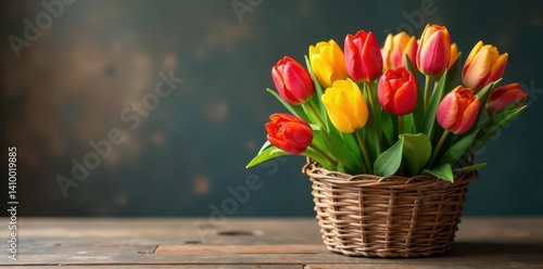 Obraz na płótnie Vibrant tulips in woven basket, rustic wood table , floral arrangement, leaves w salonie