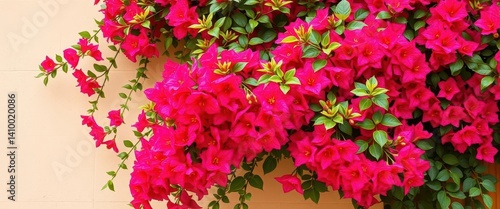 Obraz na płótnie Vivid bougainvillea cascading down a pale beige wall, vibrant blooms and lush green foliage, home, outdoor w salonie