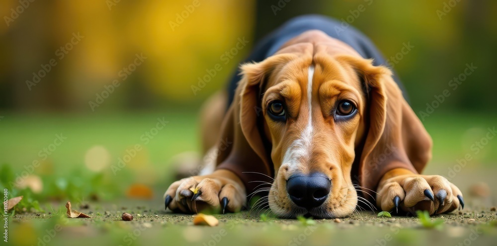 A basset hound, ears brushing the ground, showing detail of fur texture , close-up, pet