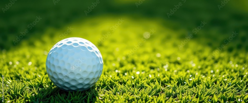 A dimpled white golf ball rests on a lush green putting green, close-up, sphere