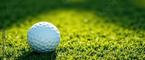 Obraz na płótnie A dimpled white golf ball rests on a lush green putting green, close-up, sphere w salonie