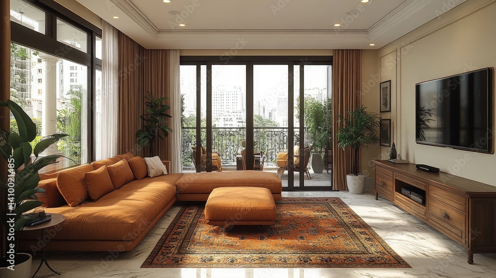 Naklejka premium Interior view of a living room with a sofa television and balcony.