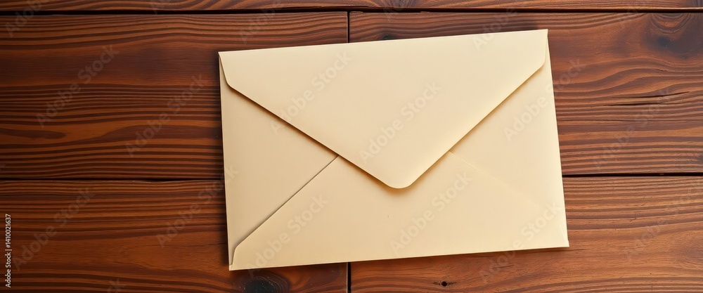 A rustic brown kraft envelope sits on a wood table, blank, object, close-up