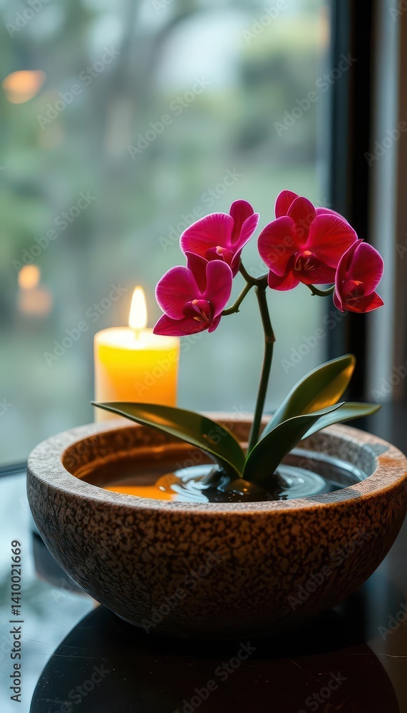 A single red orchid in a stone basin, softly lit by candlelight, therapy, serenity, soothing