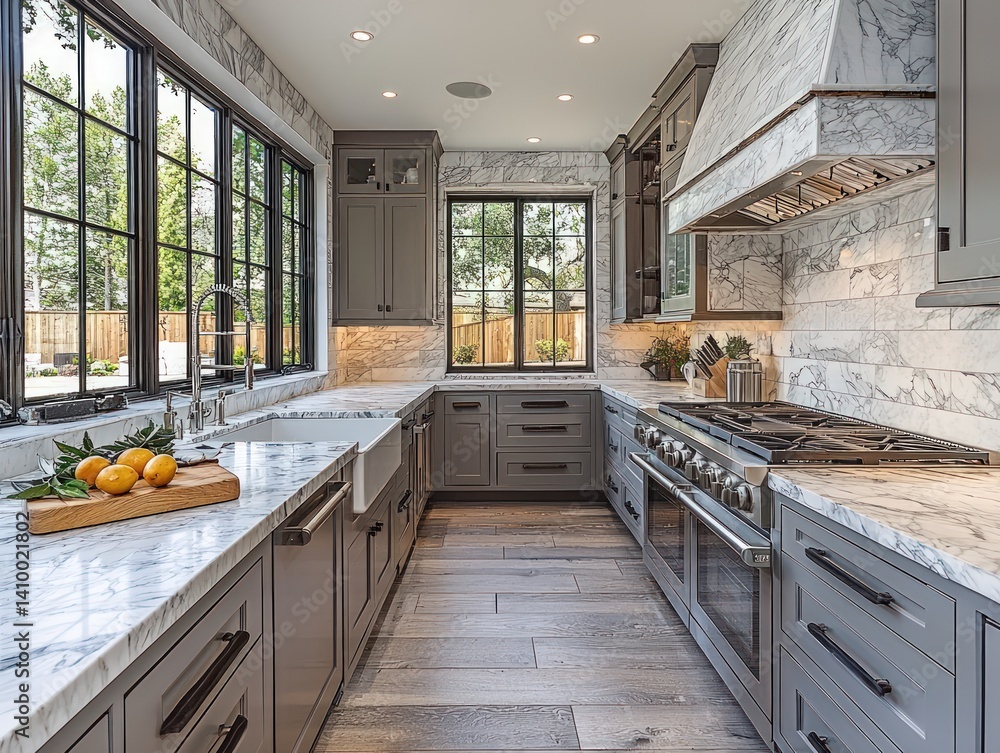 Obraz premium Modern kitchen interior with gray cabinets marble countertops and large windows.