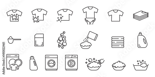 Laundry service line icons set isolated on transparent background. Dryer, washing machine and dirty shirt. Lingerie line icons. Self-service laundry, hand washing, laundry service, linear set.