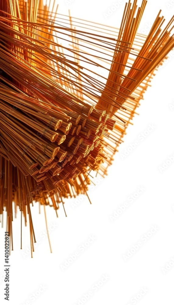 Bundles of incense sticks drying in sunlight on a clean white background, texture, peace, product