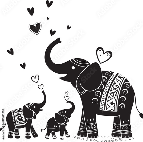 Heartfelt Family: A heartwarming illustration showcases a mother elephant and her two calves, enveloped in a flurry of hearts, symbolizing familial love, support, and endearment.